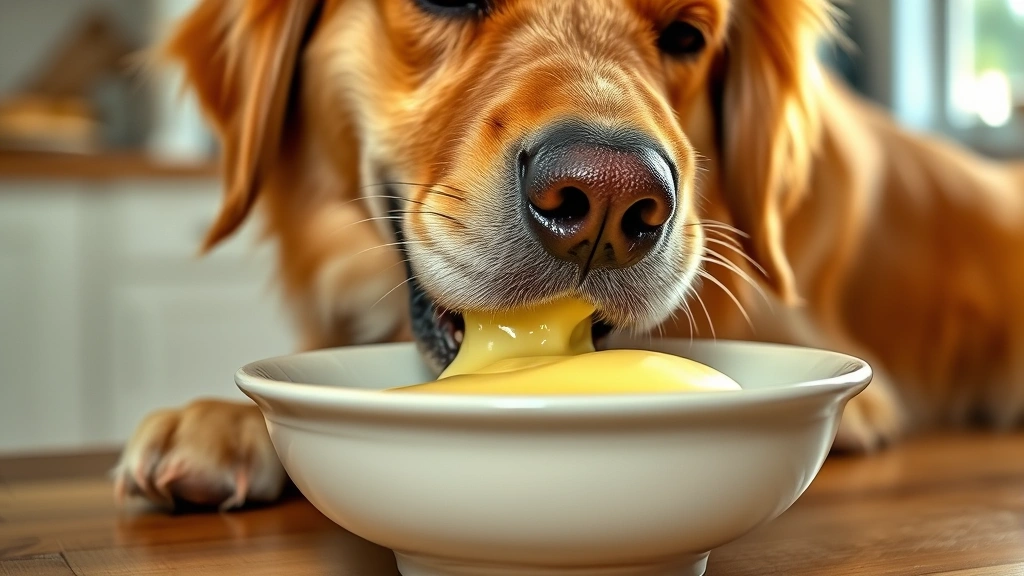 Golden retriever happily eating cooked egg whites from a ceramic bowl, natural kitchen lighting, close-up of the bowl and dog's face