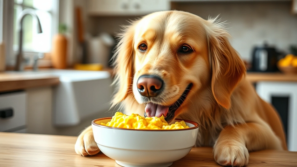 Golden retriever eating scrambled eggs from a bowl, happy expression, natural kitchen lighting