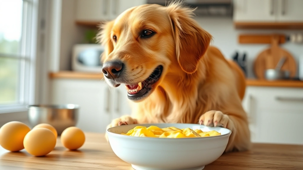 Golden retriever happily eating scrambled eggs from bowl in bright kitchen, healthy pet nutrition