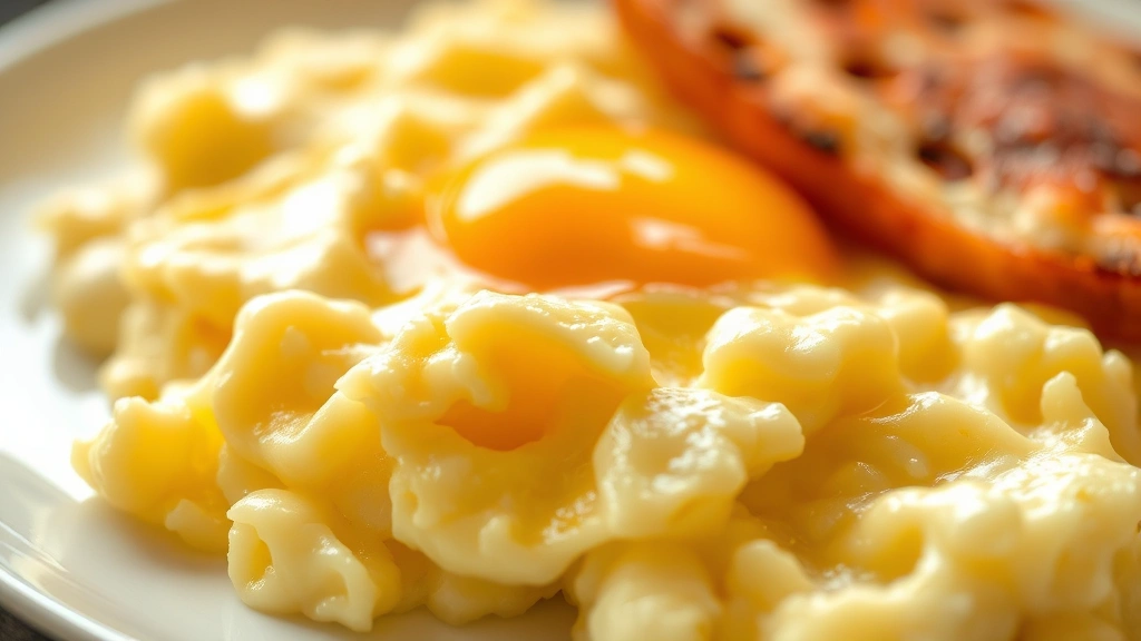 Close-up of fluffy scrambled eggs on a plate, steam rising, fresh farm eggs, warm lighting