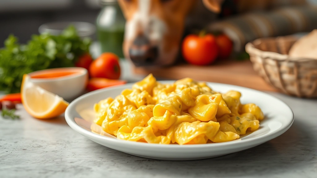 Close-up of fluffy scrambled eggs on white plate with fresh ingredients nearby, dog food preparation