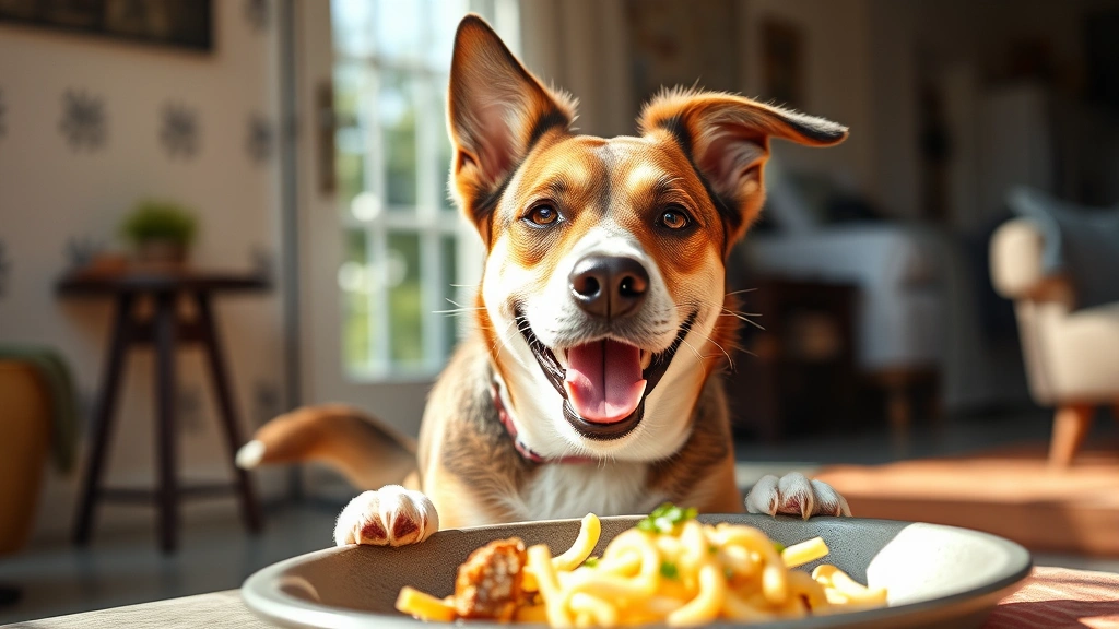 Happy dog with satisfied expression after eating meal, tail wagging, sunlit home setting