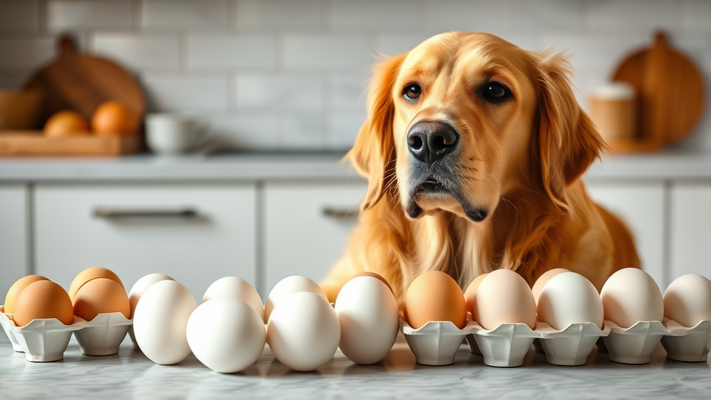 Healthy golden retriever sitting next to fresh eggs and clean white eggshells on kitchen counter, no text, no words, no letters
