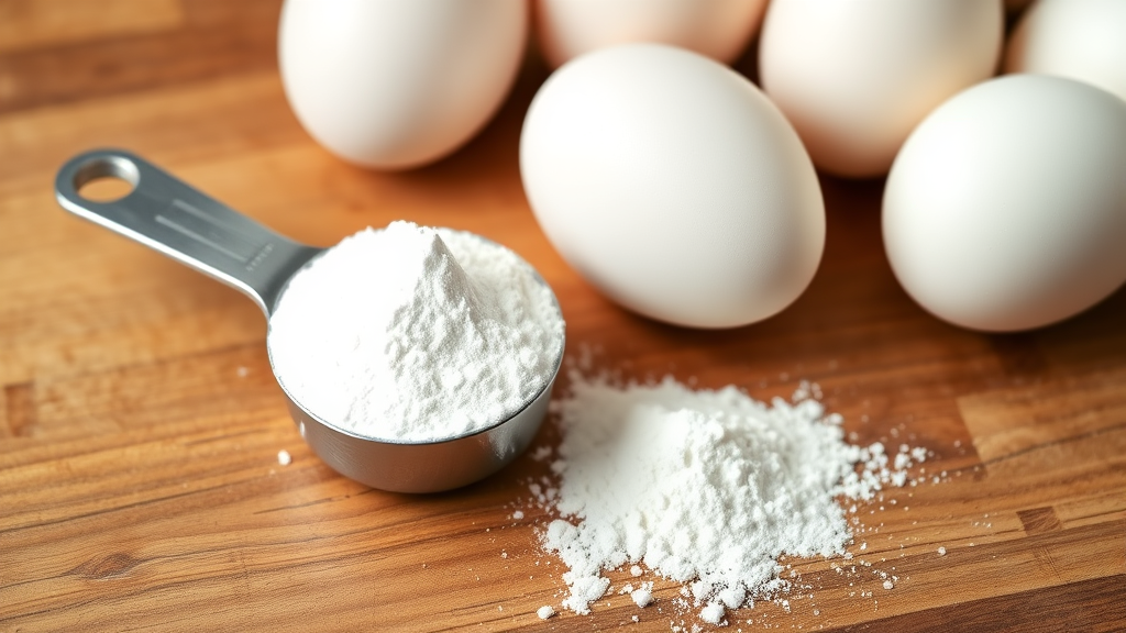 Fine white eggshell powder in small measuring spoon next to whole eggs on wooden surface, no text, no words, no letters