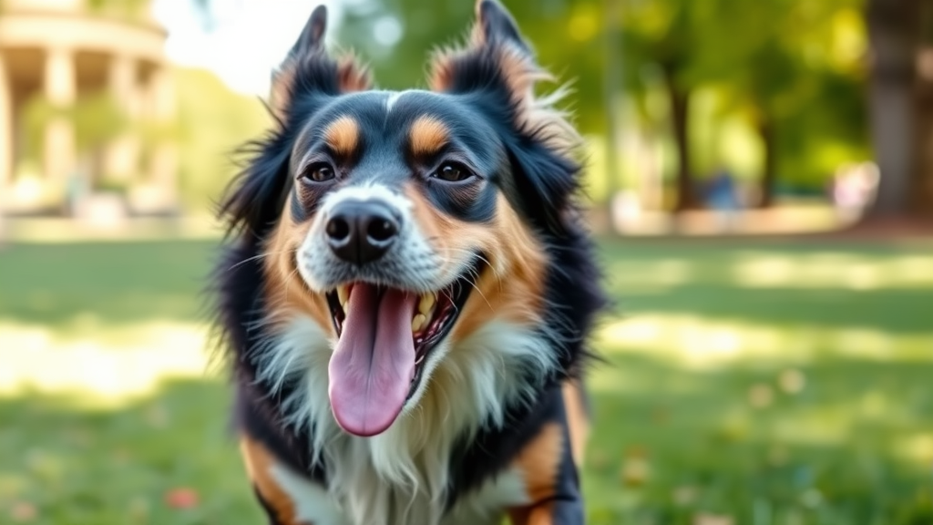 Happy dog with strong white teeth and healthy coat running in green park setting, no text, no words, no letters