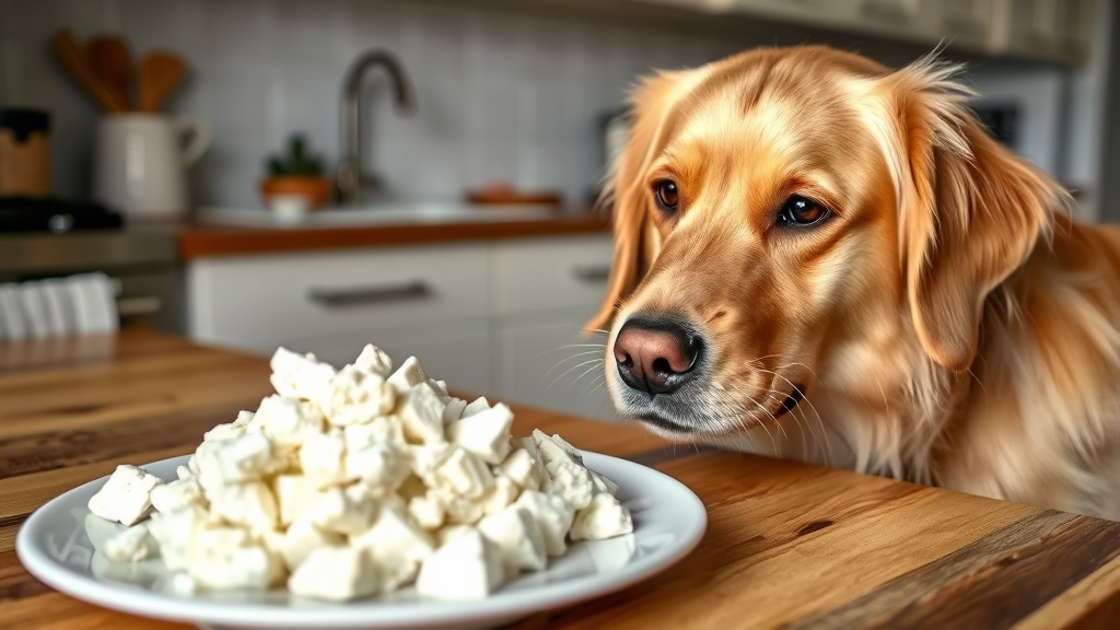 Golden retriever looking curiously at a plate of crumbled white feta cheese on wooden kitchen counter, no text, no words, no letters