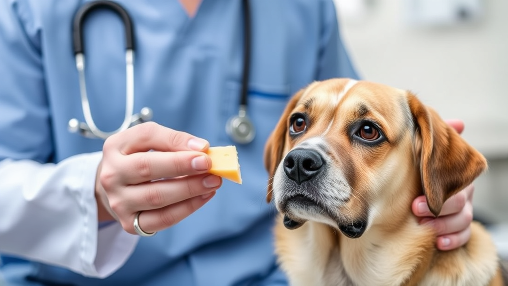Veterinarian examining a concerned dog while holding a small piece of white cheese, clinical setting, no text, no words, no letters