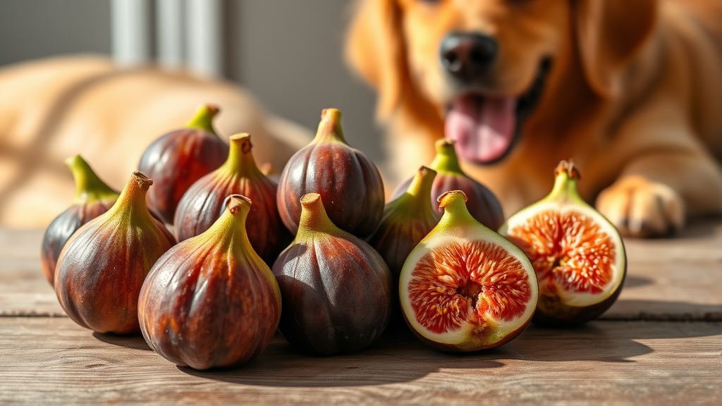 Fresh figs on wooden surface with happy golden retriever dog nearby, natural lighting, no text no words no letters