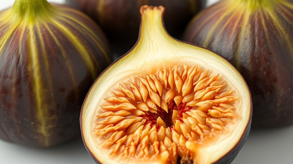 Close up fresh fig cut in half showing interior seeds and flesh, clean background, no text no words no letters