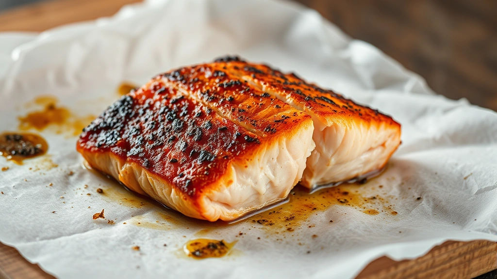 Close-up of crispy baked salmon skin on parchment paper cooling on a wooden surface, steam rising, professional food photography style