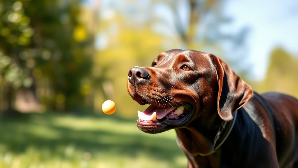 Happy Labrador with glossy coat and healthy skin playing fetch outdoors in sunlight, showing the coat benefits of omega-3 rich foods