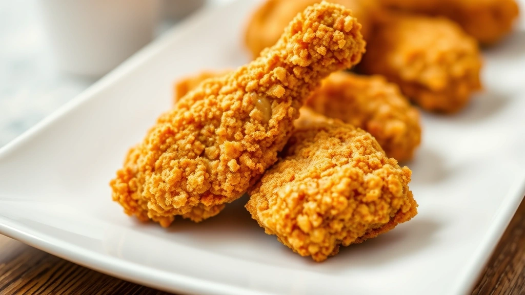 Golden crispy fried chicken pieces on white plate, close-up detail of breading texture, professional food photography style