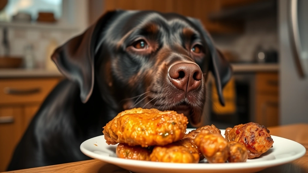 Labrador retriever looking at plate of fried chicken with interested expression, warm kitchen lighting in background