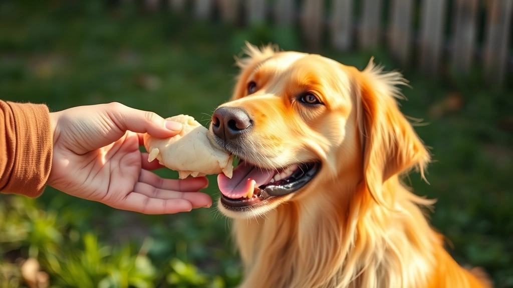 Golden retriever being offered plain boiled chicken breast from human hand, happy dog expression, bright natural lighting
