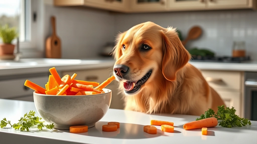 Golden retriever happily eating fresh carrot slices from a ceramic bowl on a sunny kitchen counter, vegetables scattered nearby