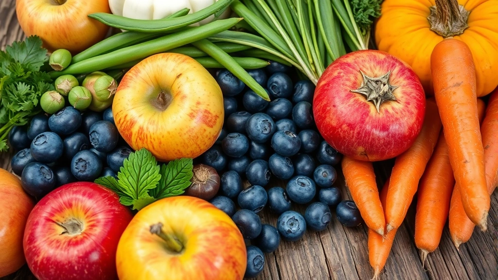 Close-up of colorful fresh produce including apples, blueberries, green beans, carrots, and pumpkin arranged on a rustic wooden table