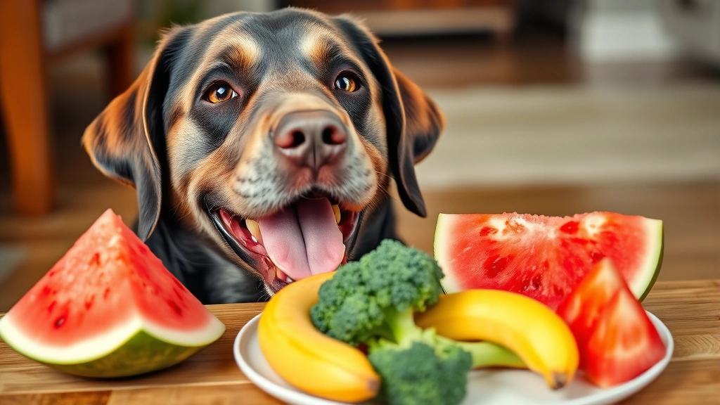 Happy Labrador with excited expression looking at a plate of dog-safe fruits and vegetables including watermelon, banana, and broccoli