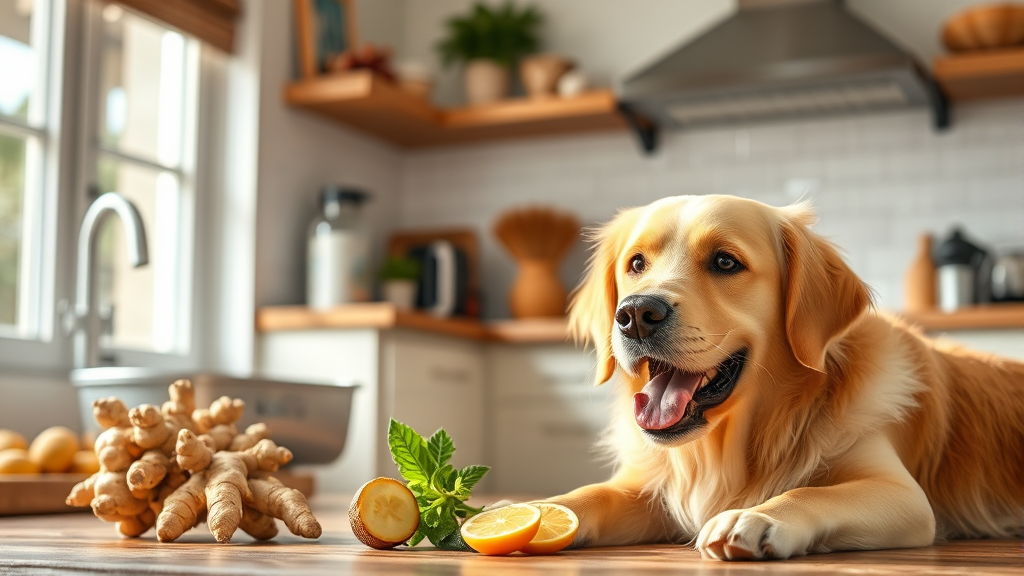 Fresh ginger root and happy golden retriever dog in bright kitchen setting no text no words no letters