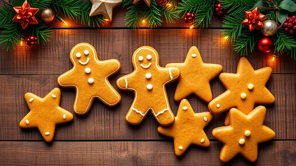 Golden gingerbread cookies arranged on rustic wooden surface with holiday decorations, warm festive lighting, no text
