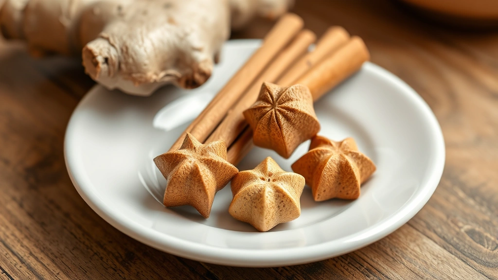 Close-up of ginger root, cinnamon sticks, and whole nutmeg on white ceramic plate with natural daylight, no text