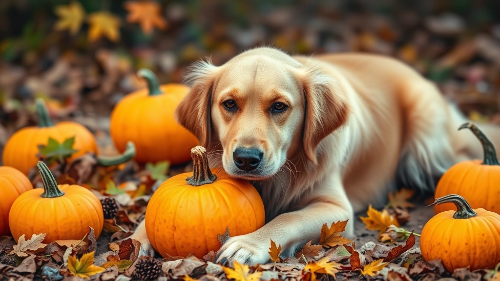Happy golden retriever playing with pumpkin toy surrounded by autumn leaves and gourds, bright natural setting, no text