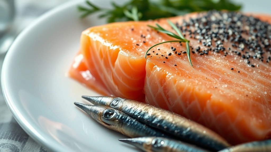 Close-up of fresh salmon fillet and sardines on a white plate, glistening with moisture, professional food photography style