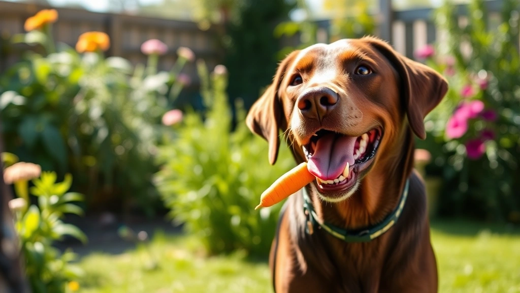 Happy Labrador enjoying a carrot stick outdoors in a sunny garden, tail wagging, dog focused and engaged with the healthy treat