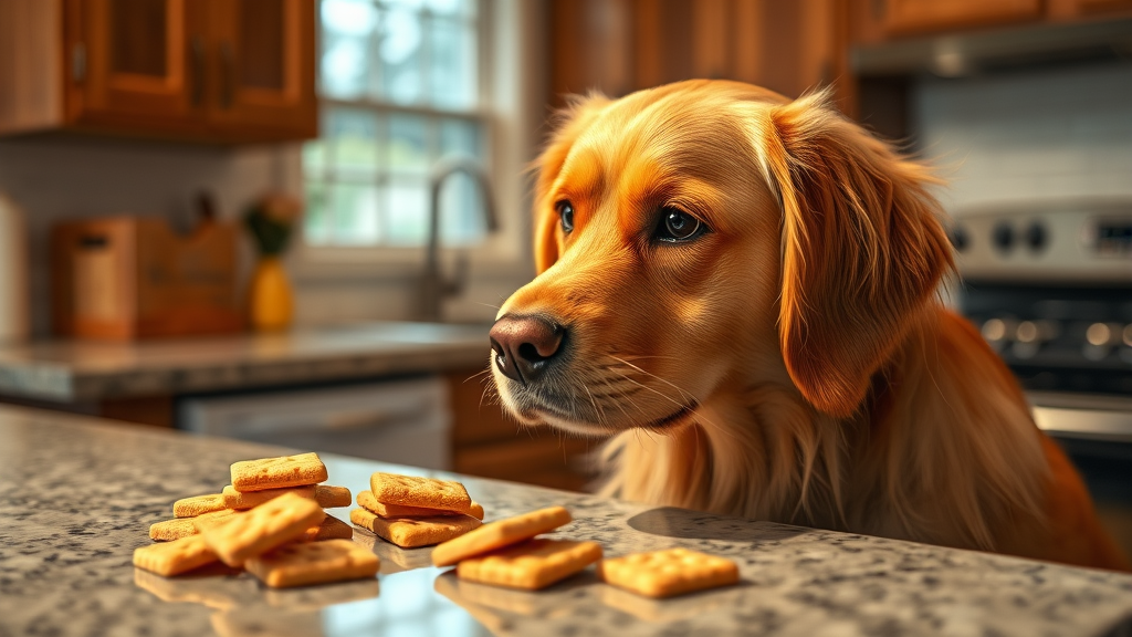 Golden retriever looking curiously at graham crackers on kitchen counter, warm lighting, cozy home setting, no text, no words, no letters
