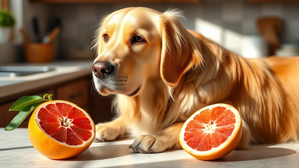 Golden retriever sitting next to fresh grapefruit on kitchen counter, natural lighting, no text no words no letters