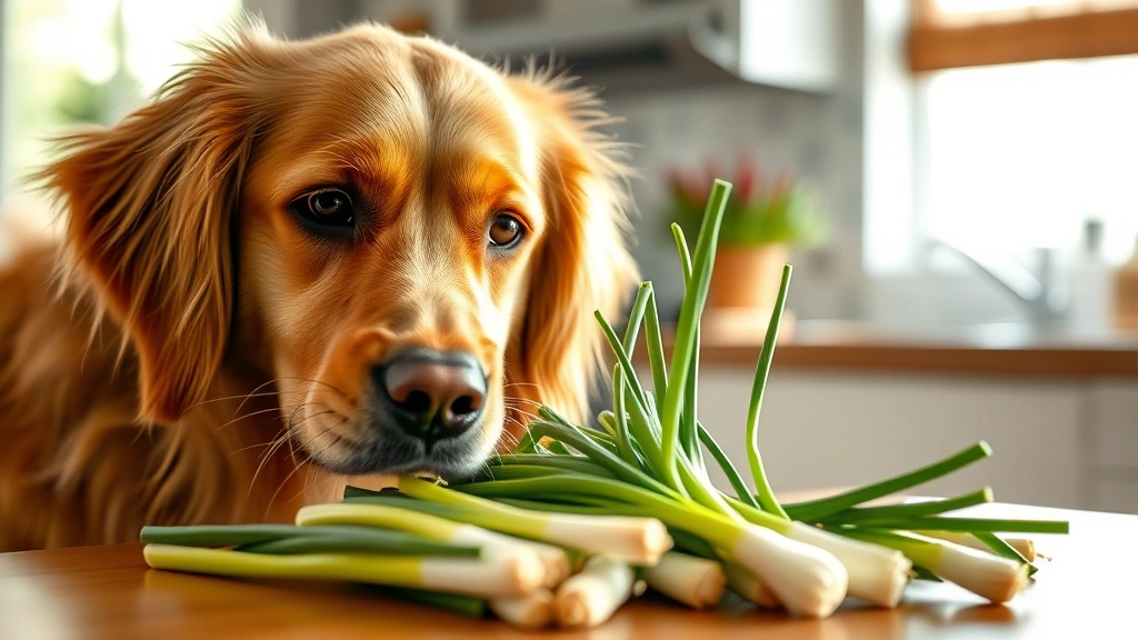 Golden Retriever looking at fresh green onions and scallions on a kitchen counter, curious expression, bright natural lighting, shallow depth of field