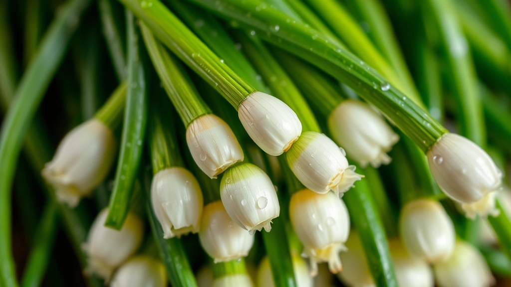Close-up of green onions and scallions bundled together with water droplets, showing the white bulb and green stems clearly, professional food photography style