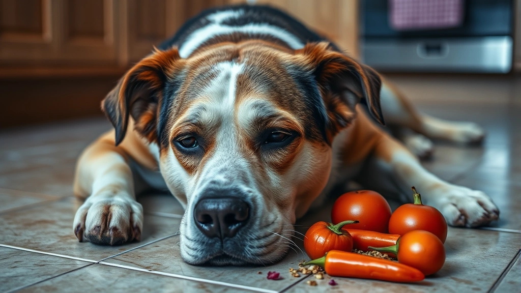Dog showing signs of illness lying on kitchen tile floor near vegetables, sad or uncomfortable expression, realistic veterinary scenario depicting symptoms of poisoning