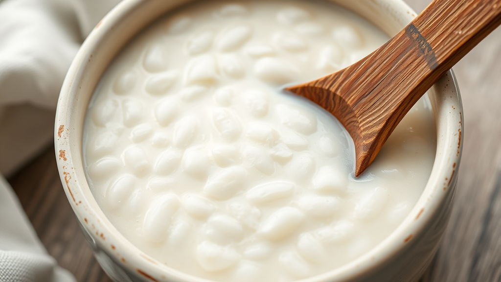 Close up of plain white grits in ceramic dog bowl with wooden spoon, no text no words no letters