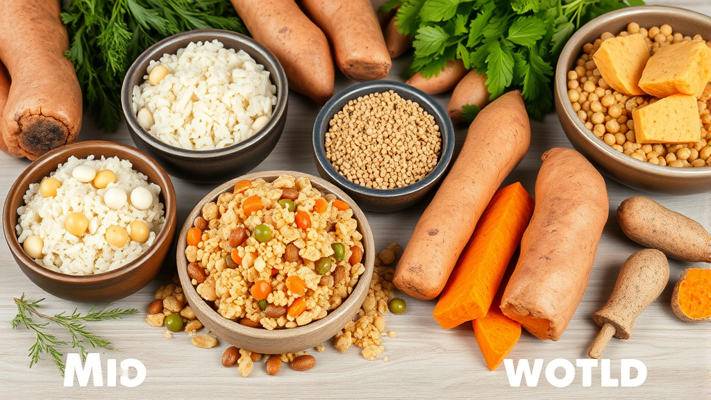 Various healthy dog food alternatives including rice quinoa sweet potato arranged on table, no text no words no letters