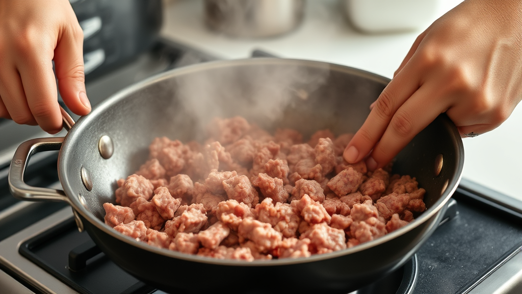 Hands cooking plain ground beef in skillet, draining fat, kitchen setting, steam rising, no text no words no letters