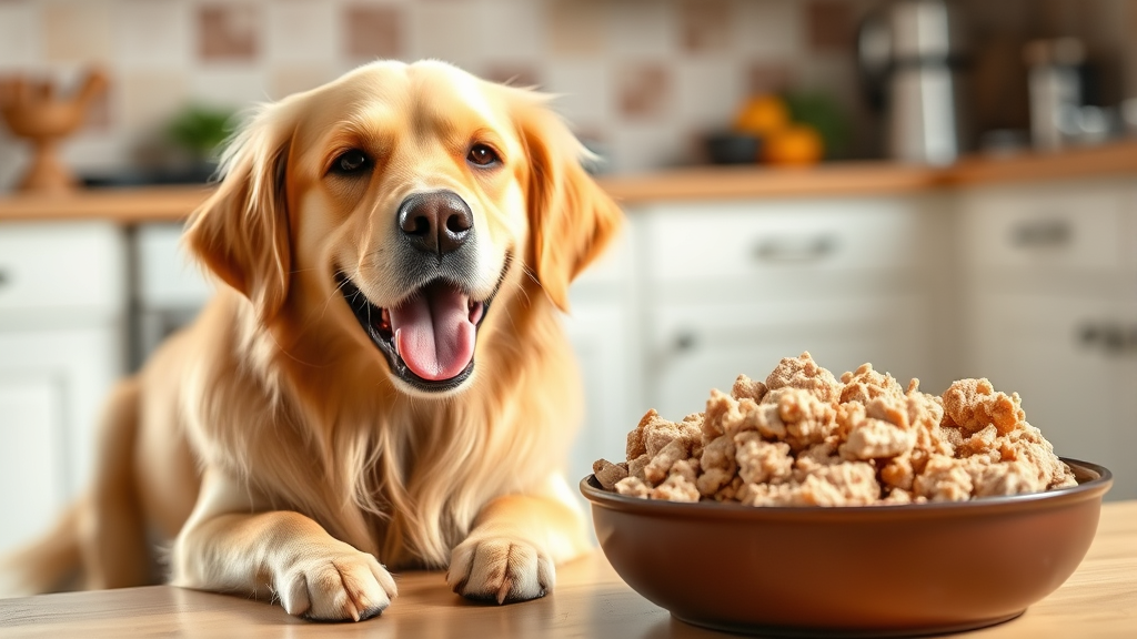 Happy golden retriever dog sitting next to bowl of cooked ground turkey meat, kitchen background, natural lighting, no text no words no letters
