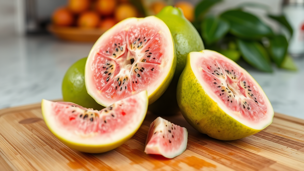 Fresh ripe guava fruits cut in half showing pink flesh and seeds on wooden cutting board, tropical kitchen setting, no text no words no letters