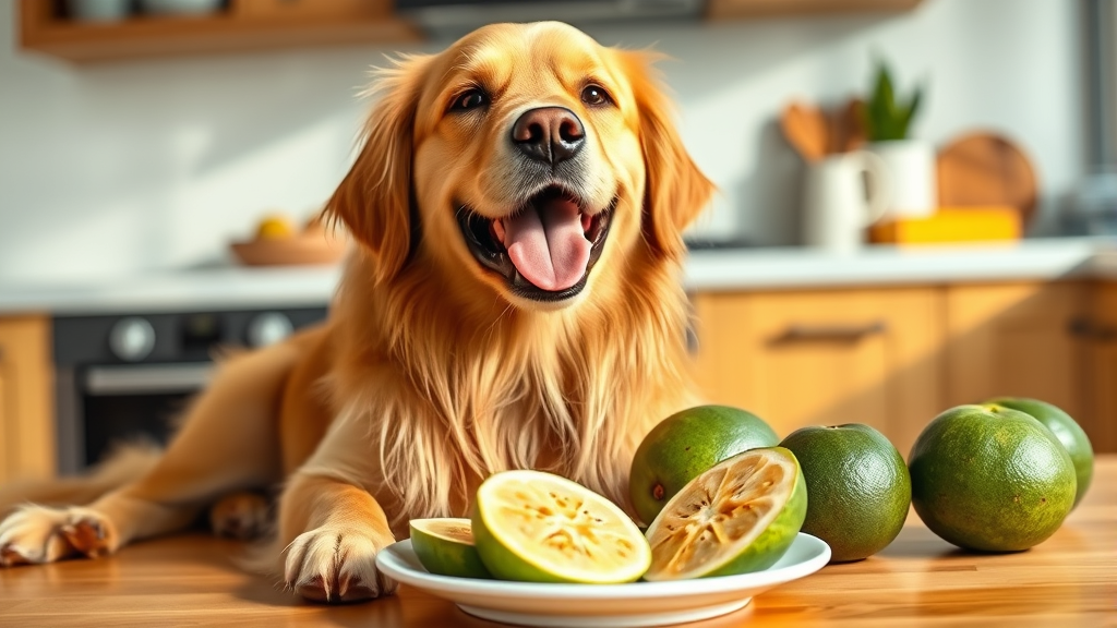 Happy golden retriever dog sitting beside fresh guava slices on plate, bright kitchen background, healthy dog treat concept, no text no words no letters