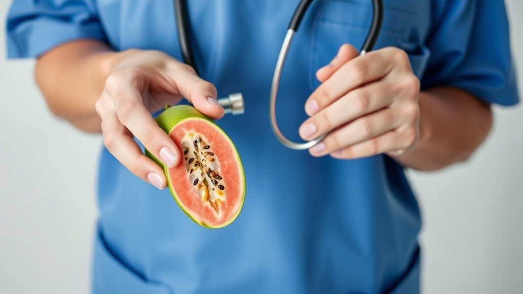 Veterinarian hands holding stethoscope and fresh guava fruit, pet health and nutrition concept, clean medical background, no text no words no letters