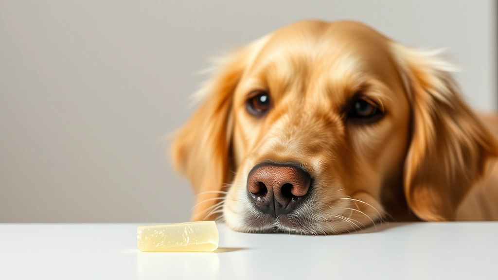 Golden retriever looking curious at a piece of chewing gum on a white surface, close-up shot of dog's face with interested expression