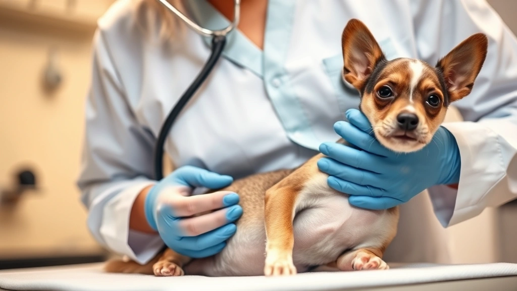 Veterinarian examining a small dog's abdomen during a checkup, clinical setting with warm lighting, stethoscope visible