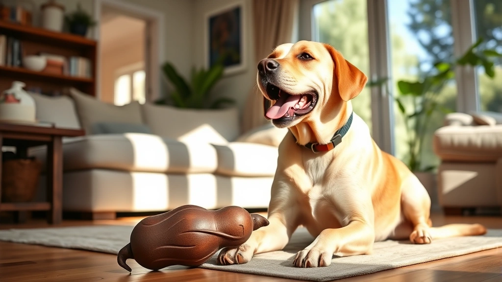 Happy Labrador playing with a safe rubber Kong toy in a sunny living room, dog engaged and content with appropriate chew toy