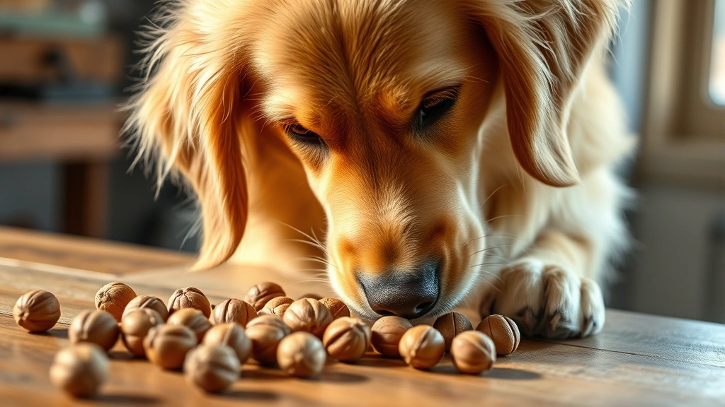 Golden retriever examining hazelnuts on wooden table, curious dog, natural lighting, close-up pet photography
