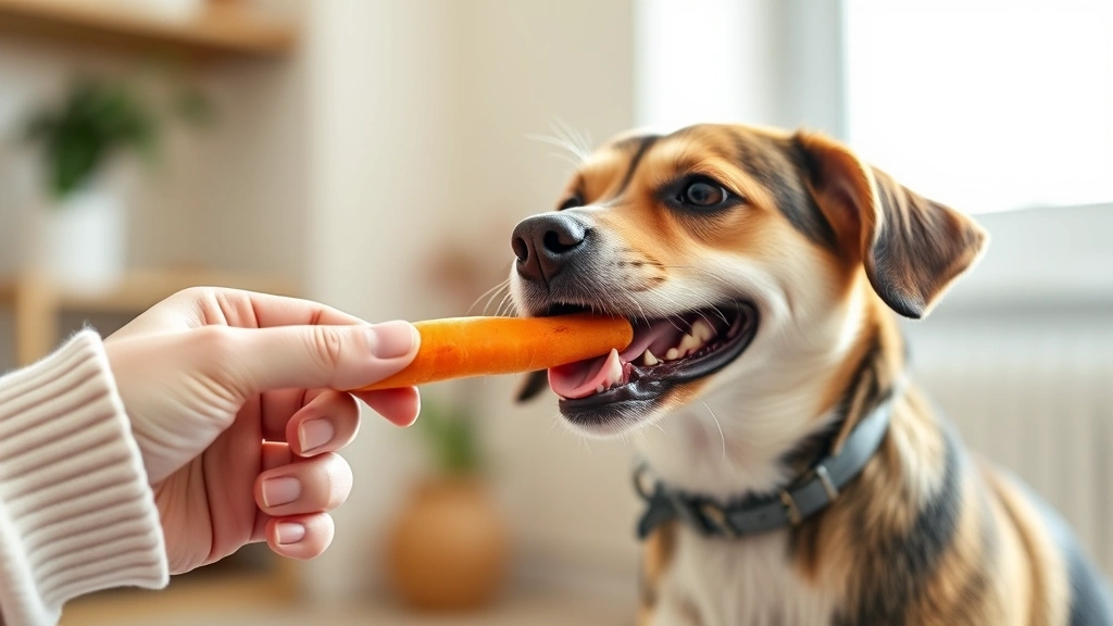 Happy dog eating safe treat from owner's hand, small dog breed receiving carrot stick, indoor natural light, bonding moment