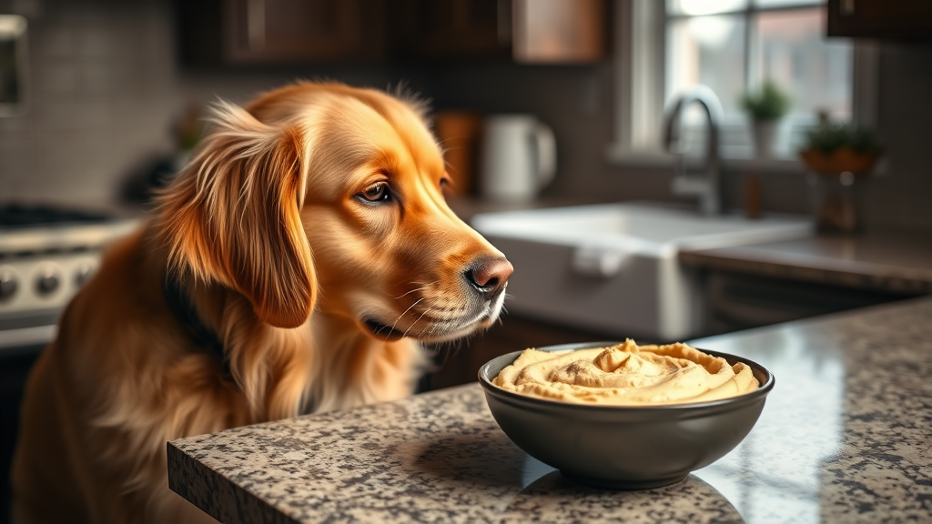 Golden retriever looking curiously at bowl of hummus on kitchen counter, warm lighting, cozy home setting, no text no words no letters
