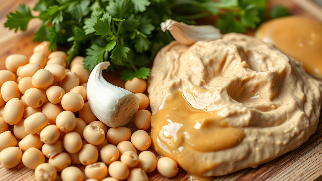 Close up of hummus ingredients including chickpeas garlic tahini arranged on wooden cutting board, natural lighting, no text no words no letters