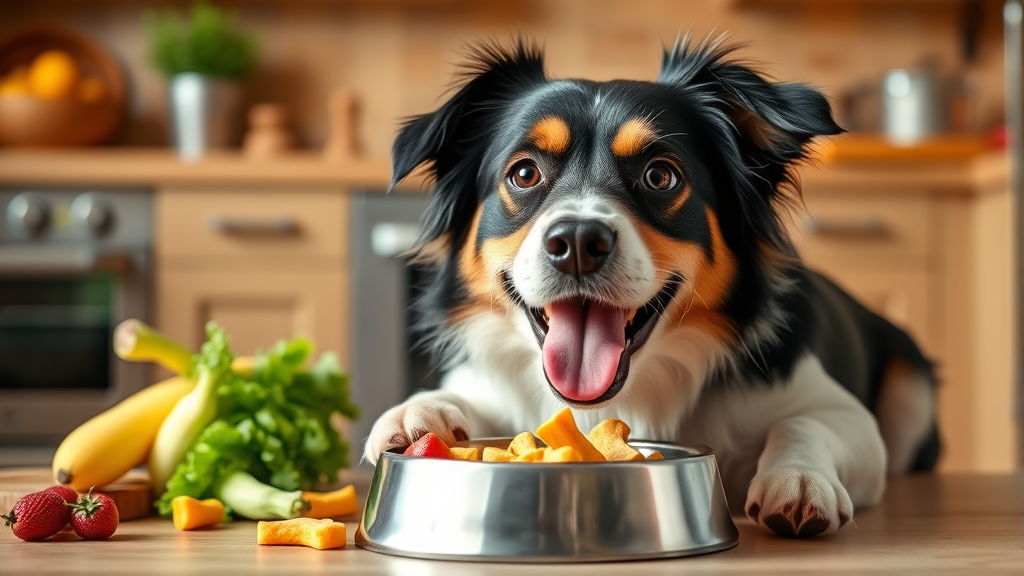 Happy healthy dog eating from special dog bowl with safe vegetable treats, bright kitchen background, no text no words no letters