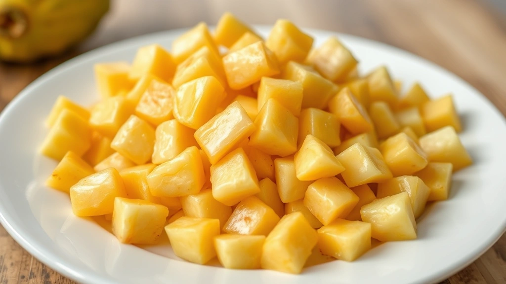 Close-up of prepared jackfruit flesh cut into small dog-appropriate bite-sized pieces on a white plate, fresh and glistening