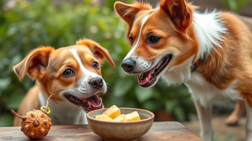 Happy brown and white dog looking at a small portion of jackfruit flesh in a ceramic bowl, interested expression, garden setting