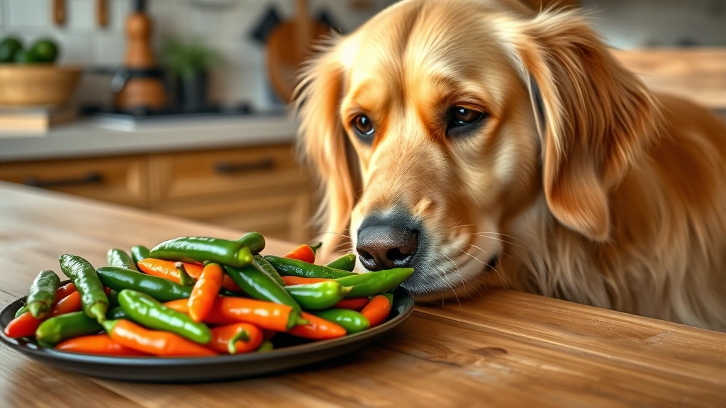 Golden retriever looking at a colorful plate of fresh jalapeno peppers on a wooden kitchen table, curious expression